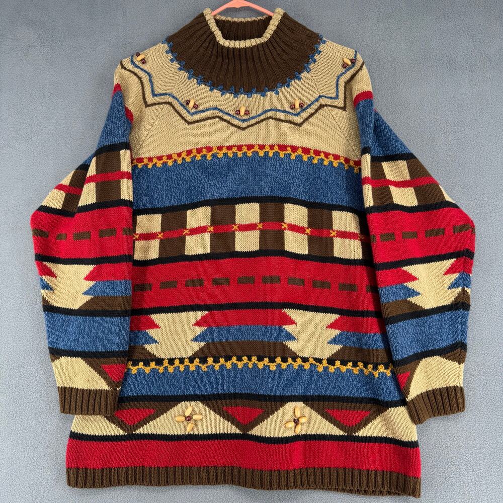 Vtg 80s Lizsport Petite Western Mock Neck Beaded Sweater Womens SP Tan Red Blue‎